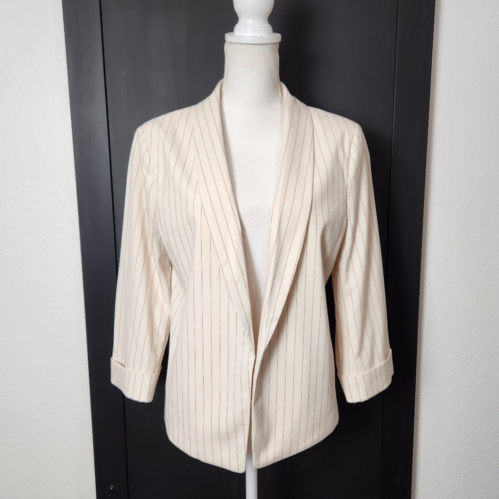 ANN TAYLOR CREAM PIN STRIPED 3/4 SLEEVE BLAZER SIZE 10